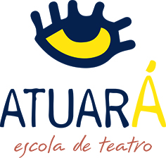 Um olho com contorno azul escuro e cílios na parte de cima, com o interior em amarelo vivo, abaixo o nome "ATUARÁ" em caixa alta escrito em azul escuro, sendo o último "A" com acento agudo e na cor amarelo vivo; abaixo o texto "escola de teatro" em caixa baixa e itálico na cor terracota.